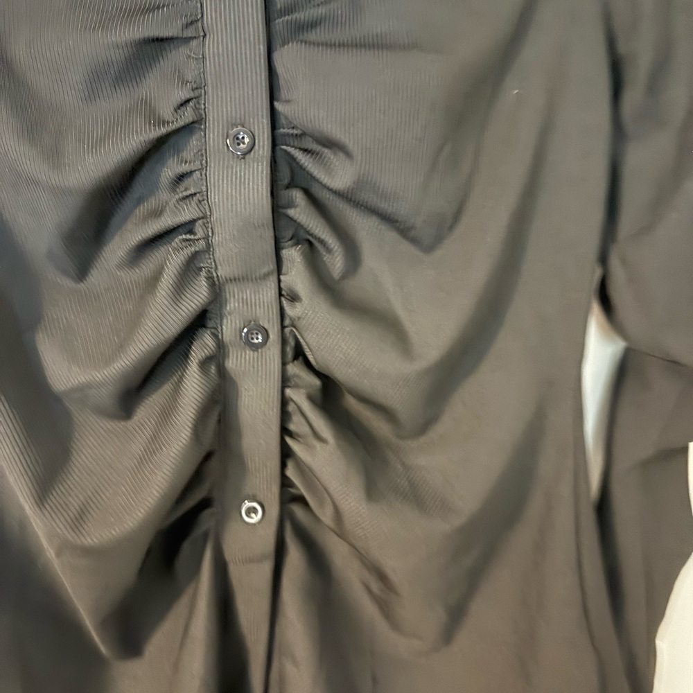 Nano Black Ruched Long Sleeve Button Down Shirt - Picture 2 of 5